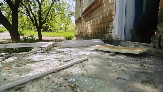 Man in boots steps over glass and debris after a rocket attack on a local school