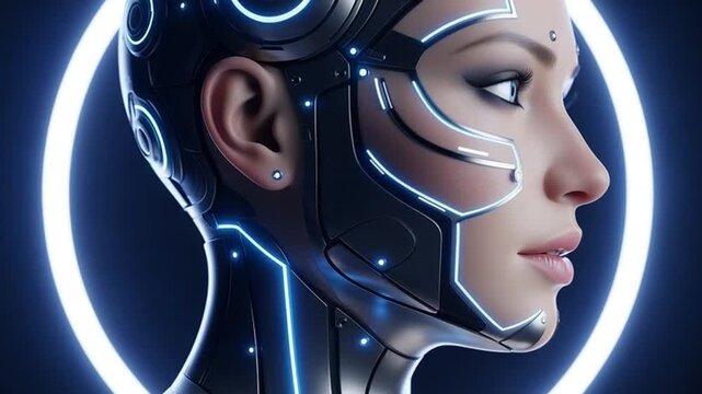 Futuristic Female Robot with Glowing Neon Accents Poses in a High-Tech Sci-Fi Setting