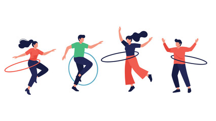 Obraz premium Group of diverse people exercising with hula hoops and having fun, depicting active lifestyle and outdoor fitness activity.