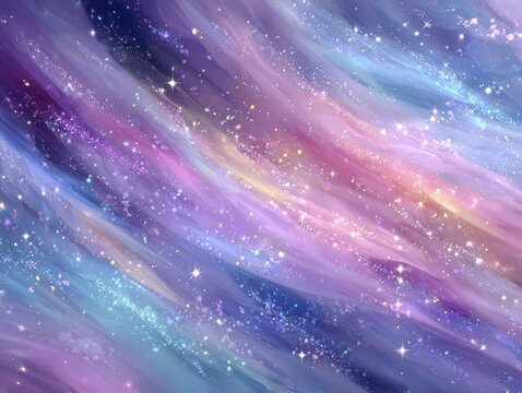 Fondo abstracto de una nebulosa c&oacute;smica con pinceladas de colores pastel rosa, p&uacute;rpura y azul salpicado de estrellas brillantes m&aacute;gicas.