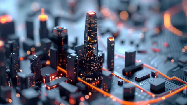 In this digital city made of glowing data, tall buildings and bright lights create an impressive view at night. The structures stand out against a dark sky, showing a vibrant urban landscape