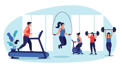 Fototapeta premium Diverse group of people performing various fitness activities like running, jumping rope, and weightlifting in a modern gym.