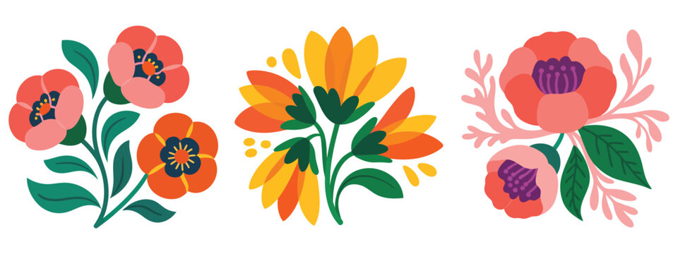 Set of abstract groovy flower plant, organic botanical circle shapes in trendy  style, playful vector illustrations for poster design, packaging, bohemian branding