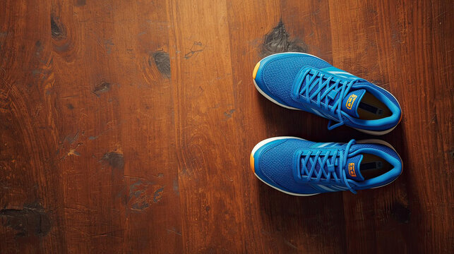 Blue running shoes on wooden floor