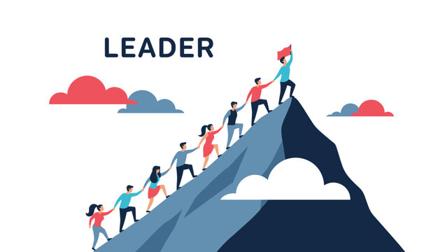 Motivated team of people helping each other to climb a steep mountain with a leader at the top holding a red flag.