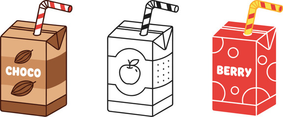 Three colorful juice boxes with straws representing choco, apple, and berry flavors through creative packaging, design, and branding © Sagor Creatives