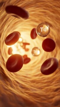 Thyroid hormone t3 t4 blood cell flow medical concept vascular tunnel 3d render orange glow vitality inside artery illustration endocrine system health science biology anatomy metabolism