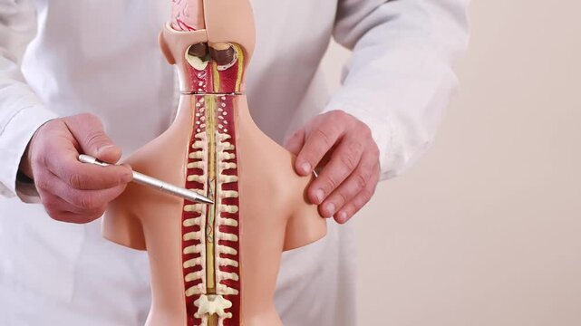 doctor points to human spine on anatomical model of human body. Bone and skeletal structure: biology and medicine training. Posture and musculoskeletal problems, protrusion, herniated discs