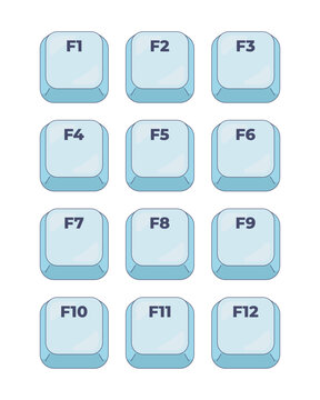 F1-F12 function keys computer keyboard shortcut set. System controls. Commands layout. Input hardware. Hotkey combo buttons for pc and laptop. Fast software efficiency. Flat vector illustration
