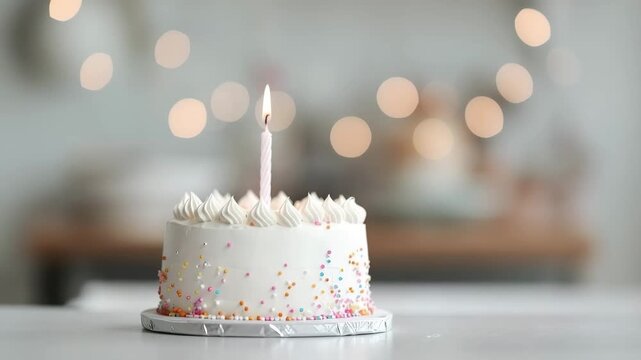 A birthday cake sits on a table with a lit candle on top. The room is decorated with soft lights in the background creating a warm setting for the celebration