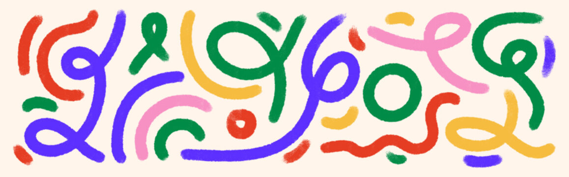 Set of abstract colorful crayon doodle elements with curly lines and organic shapes on light background