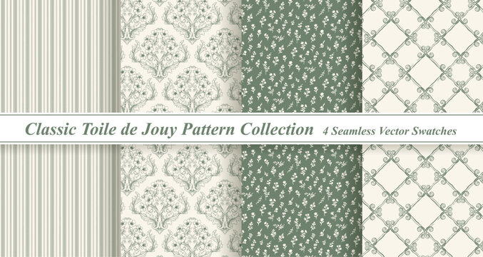 Sage Green Toile de Jouy Pattern Set - Vintage Botanical & Cottagecore Backgrounds
