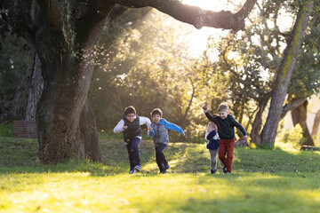 Fototapeta premium Happy children running and playing together in park