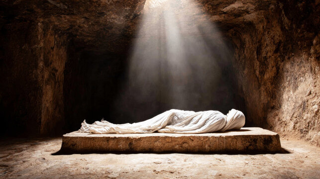 Figure wrapped in white cloth inside a dark rock tomb, spiritual light shining from above, representing death and rebirth