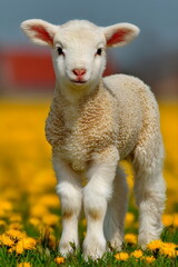 Naklejka premium Baby lamb stands in a field of yellow flowers during Easter season in a sunny countryside setting