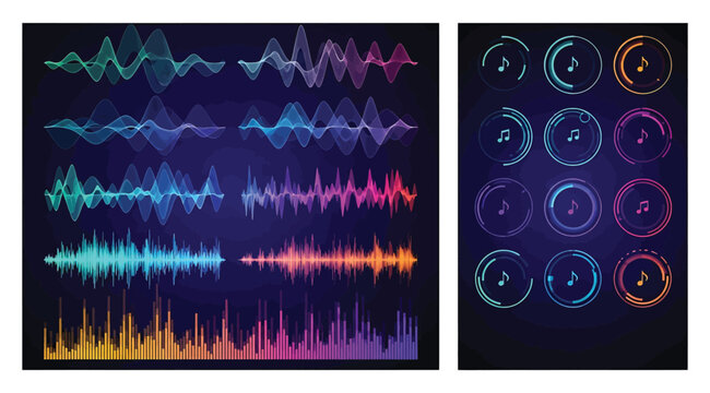 Vibrant sound wave and audio frequency visual effects with neon colors on dark background for music or podcast design