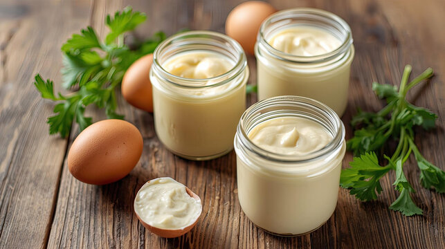 Mayonnaise in jars with fresh parsley and eggs on wooden table