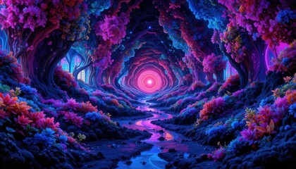 Obraz premium Vibrant neon forest with glowing pink portal at the end of a winding path