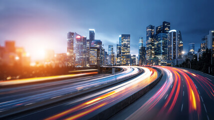 Obraz premium Night city skyline showing contemporary architecture and illuminated towers. Light trails from fast moving traffic on busy highway