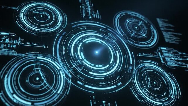 Futuristic digital interface with glowing blue circular elements and data