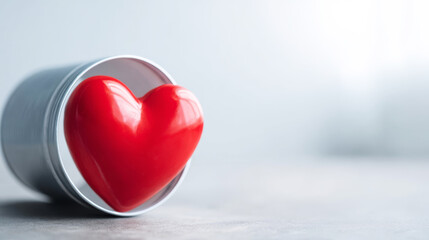 Fototapeta premium Red heart emerging from a metallic tube container, symbolizing care, love, health, and a medical concept