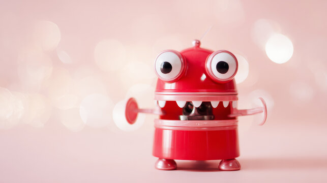 Red wind up mechanical toy with big googly eyes and chattering teeth on a pastel pink background