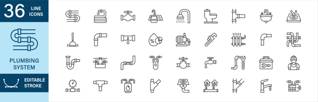 Plumbing system icon set. Contains symbol of pipe system, shutoff valve, joins, elbow connector, hose, kitchen sink, toilet, pipe wrench, water meter, boiler, usage, leak, radiator. Editable stroke