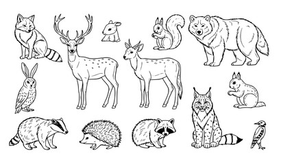 Black and white forest wildlife line art vector set with hand drawn woodland animal outlines © BijoyChandra