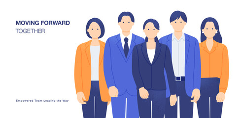 女性を中心に進むビジネスチーム。共に前進するビジネスパーソン5人組のベクターイラスト素材。