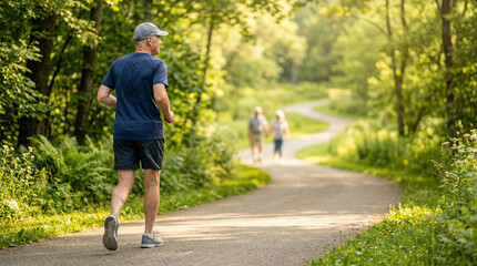 Fototapeta premium Rear view of anonymous senior man jogging in green park with couple in background