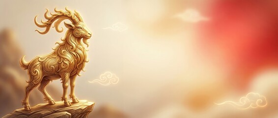 Naklejka premium Golden goat statue on mountain cliff with clouds. Traditional Chinese zodiac art for year 2027