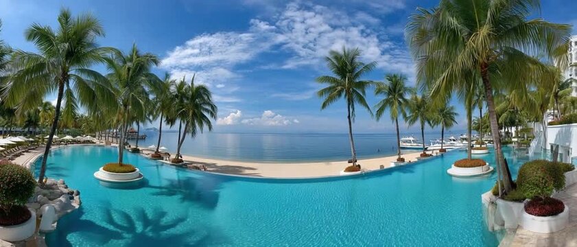 Oceanfront Paradise: A breathtaking panoramic view of a tropical paradise, featuring a turquoise infinity pool, swaying palm trees, and the serene expanse of the ocean.
