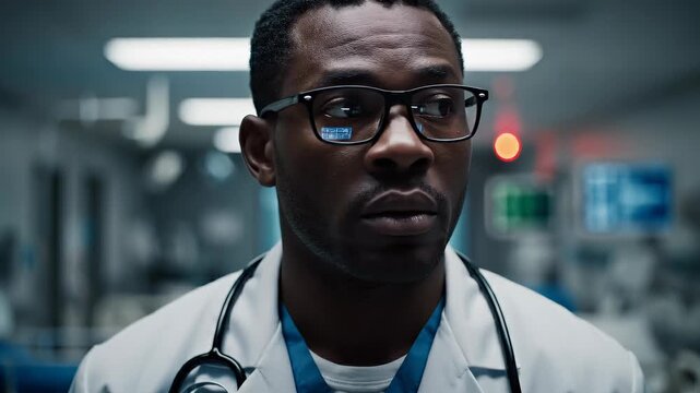 Focused doctor in hospital environment. Medical professional wears glasses and white coat. Serious atmosphere highlights importance of healthcare and patient care. Scene emphasizes dedication and