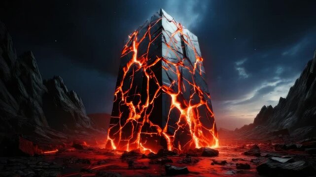 A towering, cracked obsidian monolith glows with fiery cracks amidst a desolate, rocky landscape