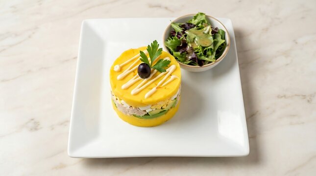 Peruvian causa limena layered potato terrine overhead flat lay