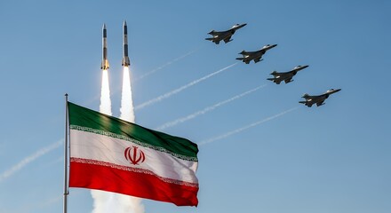 Obraz premium Iran's national flag, two powerful rockets launching, and four fighter jets flying in formation showcase military strength against a clear blue sky.