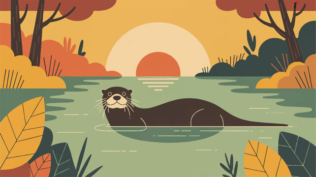 A stylized illustration of an otter in a serene nature scene at sunset. The otter is rendered in dark brown silhouette, positioned in the center of a light green river (2)_traced