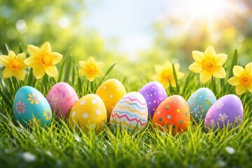 Bemalte Ostereier im Fr&uuml;hlingsgras mit Narzissen &ndash; helles, freundliches Ostermotiv f&uuml;r Werbung, Karten und saisonale Designs.