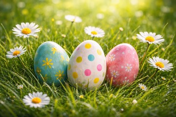 Dekorative Ostereier im Fr&uuml;hlingsgras mit G&auml;nsebl&uuml;mchen, sonnig und farbenfroh inszeniert &ndash; ideales Motiv f&uuml;r Osterwerbung, Karten und saisonale Designs.