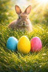 Niedlicher Osterhase sitzt im sonnigen Fr&uuml;hlingsgras hinter drei bunt gef&auml;rbten Ostereiern