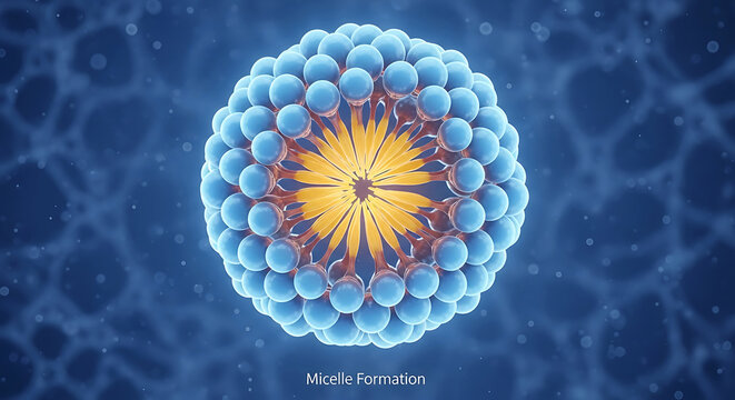 Micelle formation molecule with spherical structure and yellow center on blue background