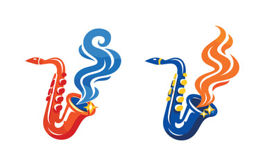 Obraz premium Two-Color vector icons of a horn releasing a drifting wisp (synonymic to smoky sax): curved sax, smoke loop, bell glow, soft