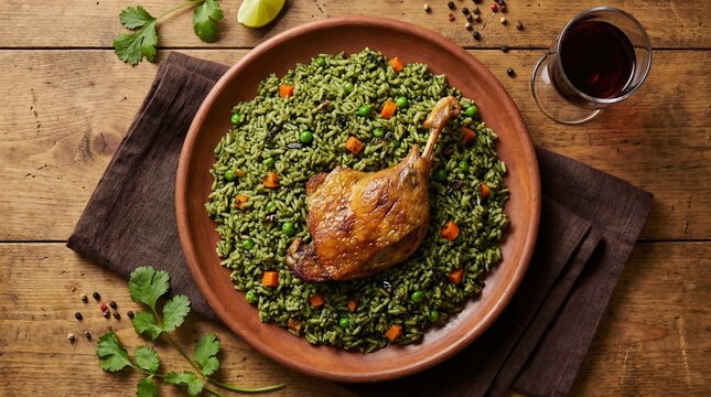 Peruvian arroz con pato duck with green cilantro rice top view