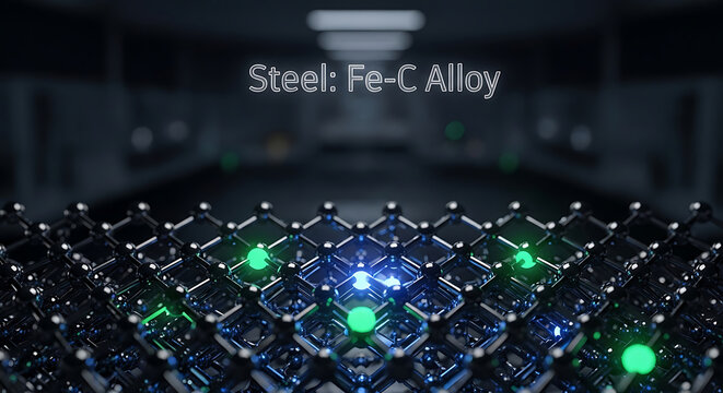 Molecular structure of steel alloy with iron and carbon atoms in 3D visualization  science concept