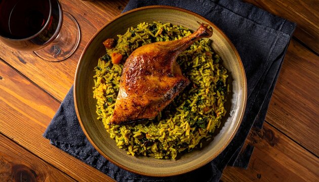 Overhead flat-lay of Peruvian Arroz con Pato with deep green cilantro-infused rice crowned by a golden-brown roasted duck leg with crispy skin