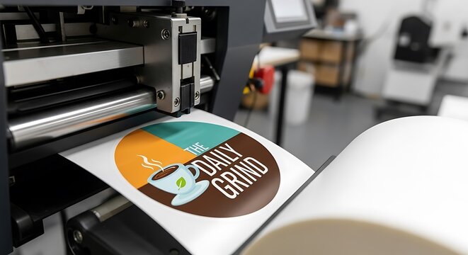 Close up of a printing machine creating sticker with colorful graphic design
