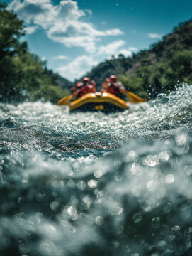 Adventurous group navigating wild river rapids in an inflatable raft during a bright sunny day surrounded by lush green trees and hills