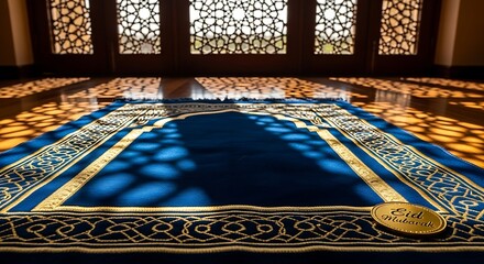 Eid Mubarak prayer mat with mosque reflection and lantern