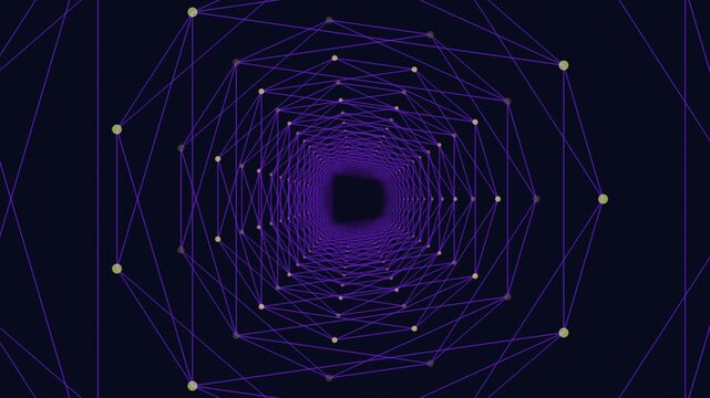 Abstract purple wireframe tunnel with glowing nodes, futuristic tech background