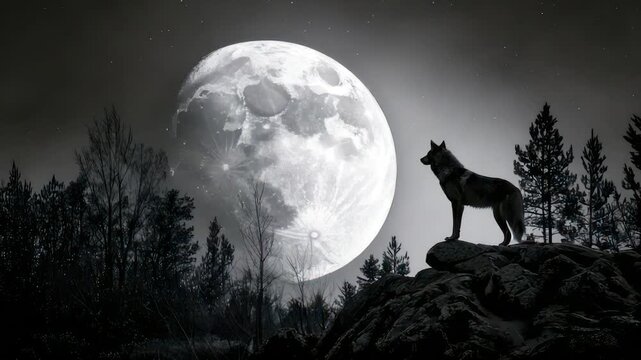 A wolf stands atop a rocky peak, silhouetted against a luminous full moon